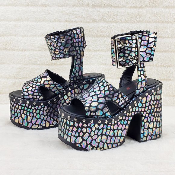 Camel 102 Black Stone Print Hologram Platform Sandals Goth Punk - Picture 7 of 10